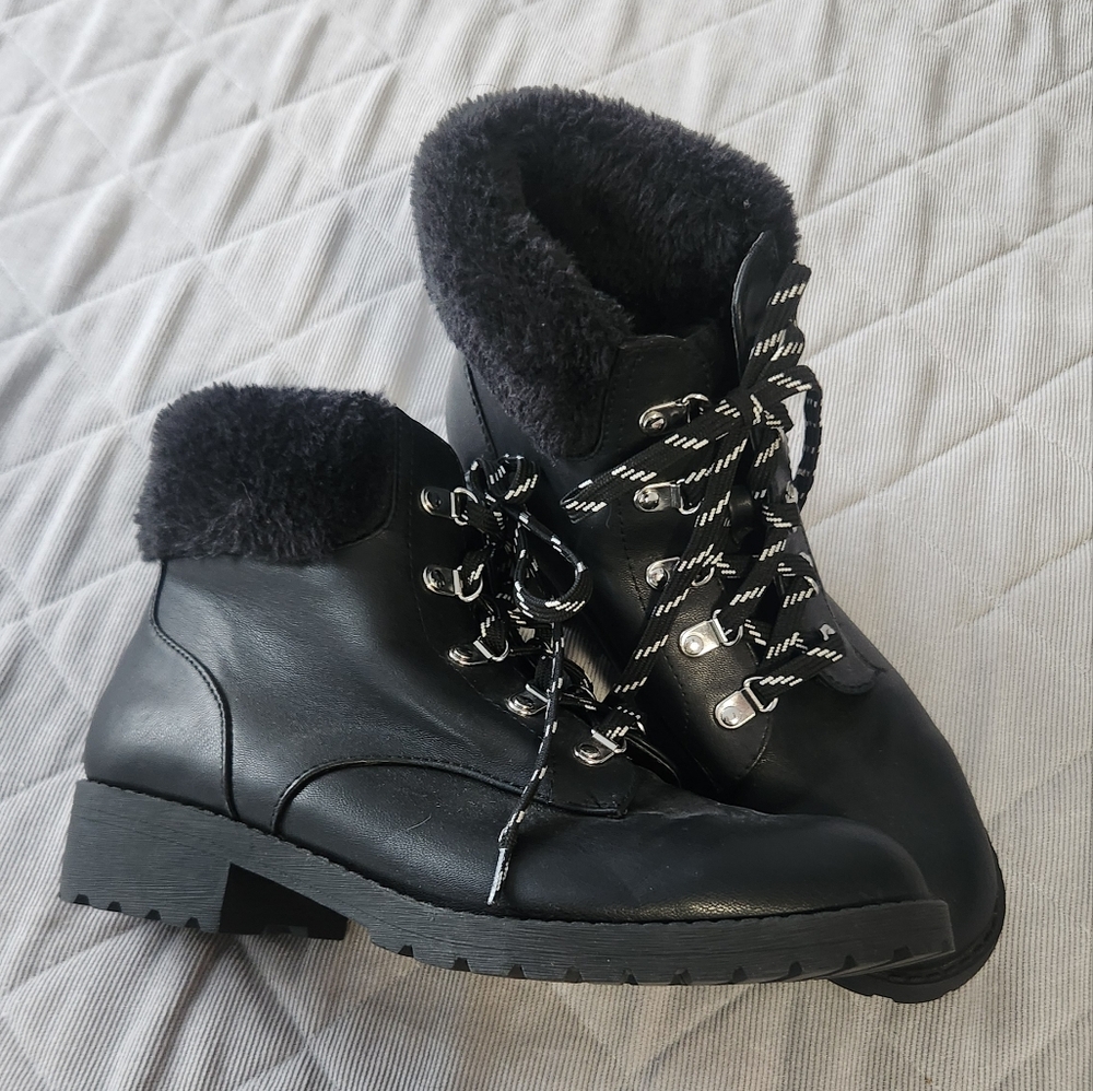 LOFT Black Winter Rain Boots with Rugged Sole and Faux Fur Lining